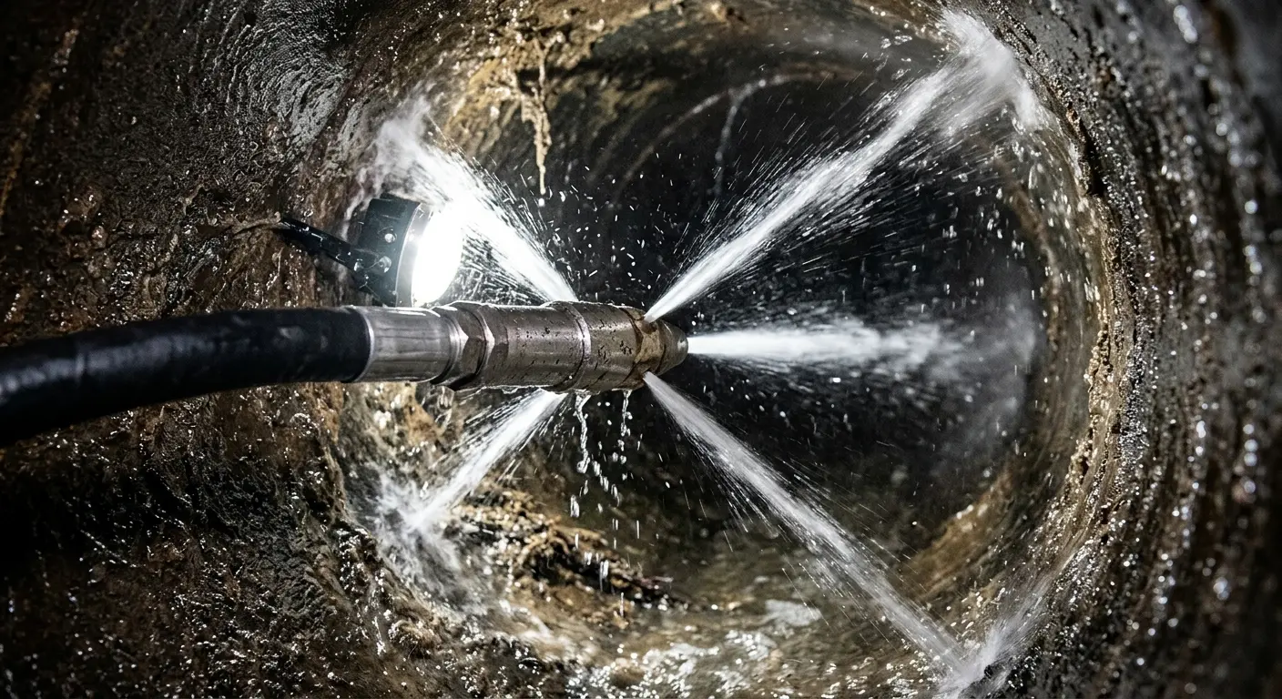 High-pressure hydro jetting nozzle cleaning sewer pipe for Trenchless Sewer Repair in Johnstown