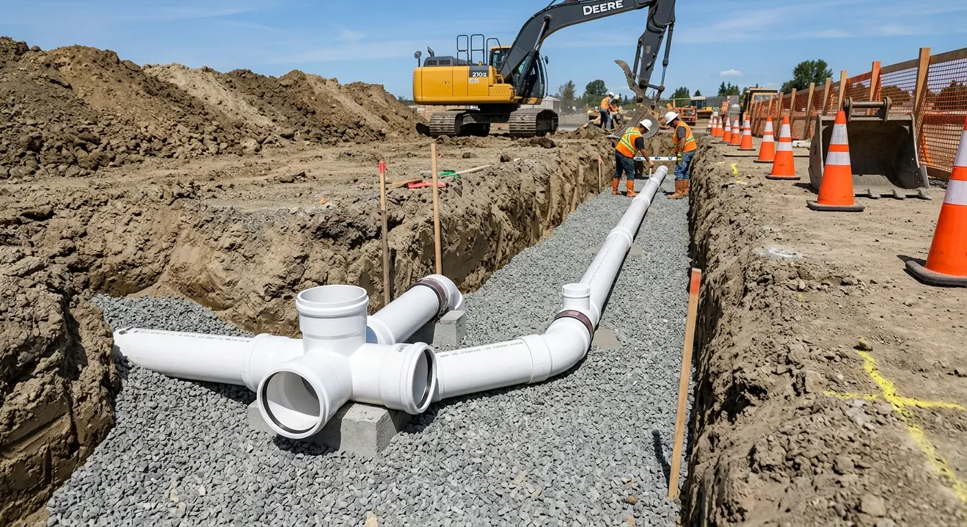 New PVC sewer pipe installation in open trench for Sewer Backup in Johnstown
