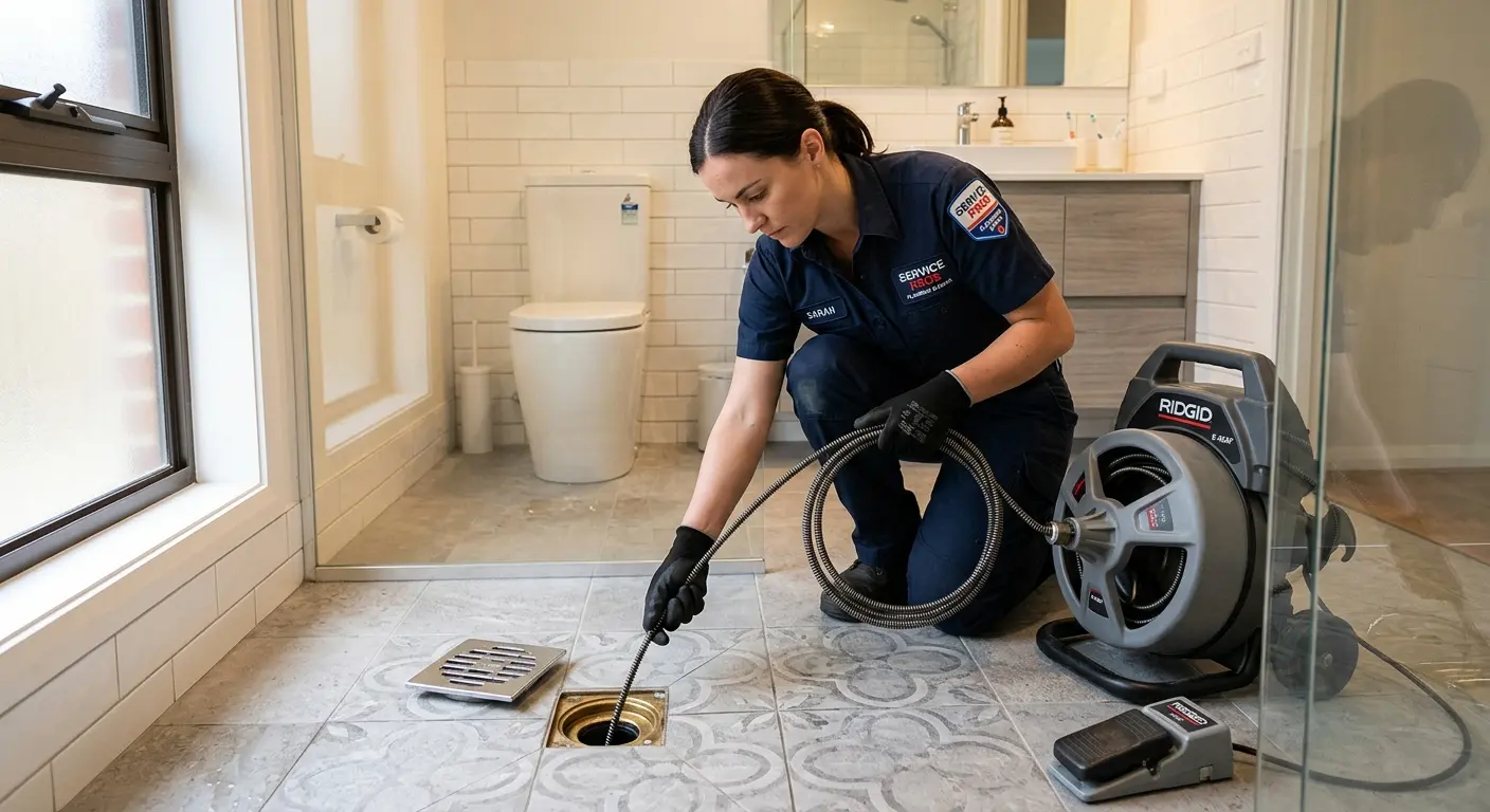 Technician clearing a bathroom floor drain for Clogged Drain Repair in Johnstown